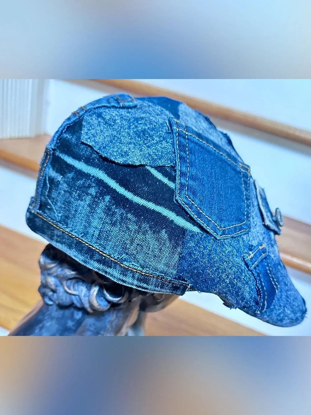 Upcycled Denim Patchwork Newsboy Cap - Blue size L/XL